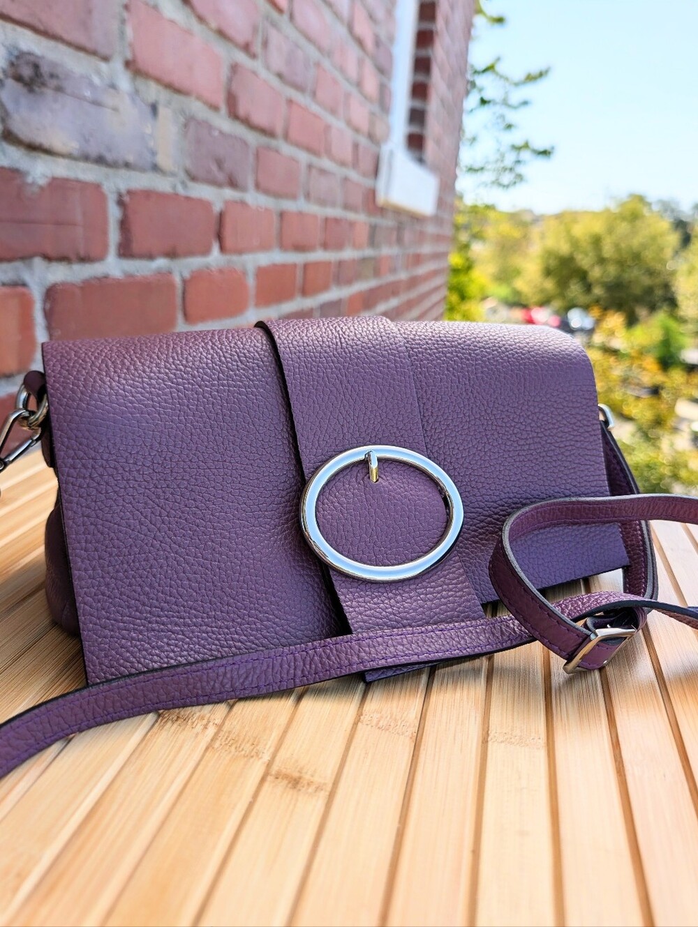 TJ Collection Made in Italy Purple Pebbled Leather Crossbody Clutch Bag